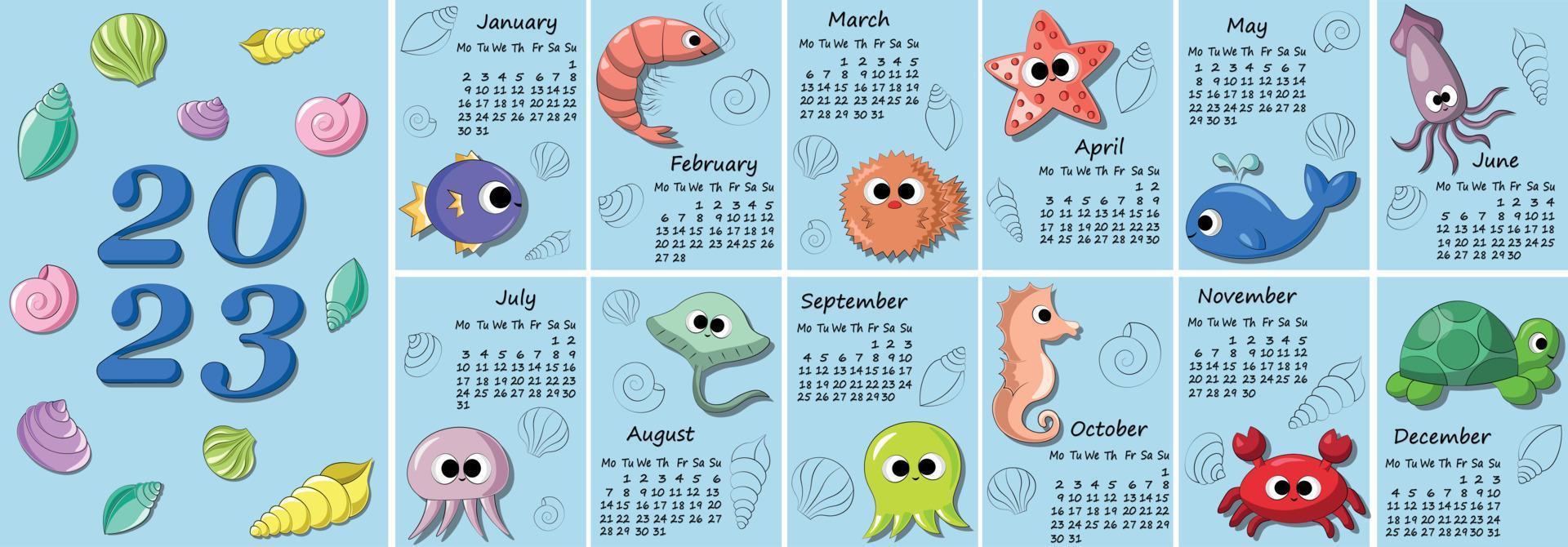 Calendar for 2023 with cute characters underwater animals vector