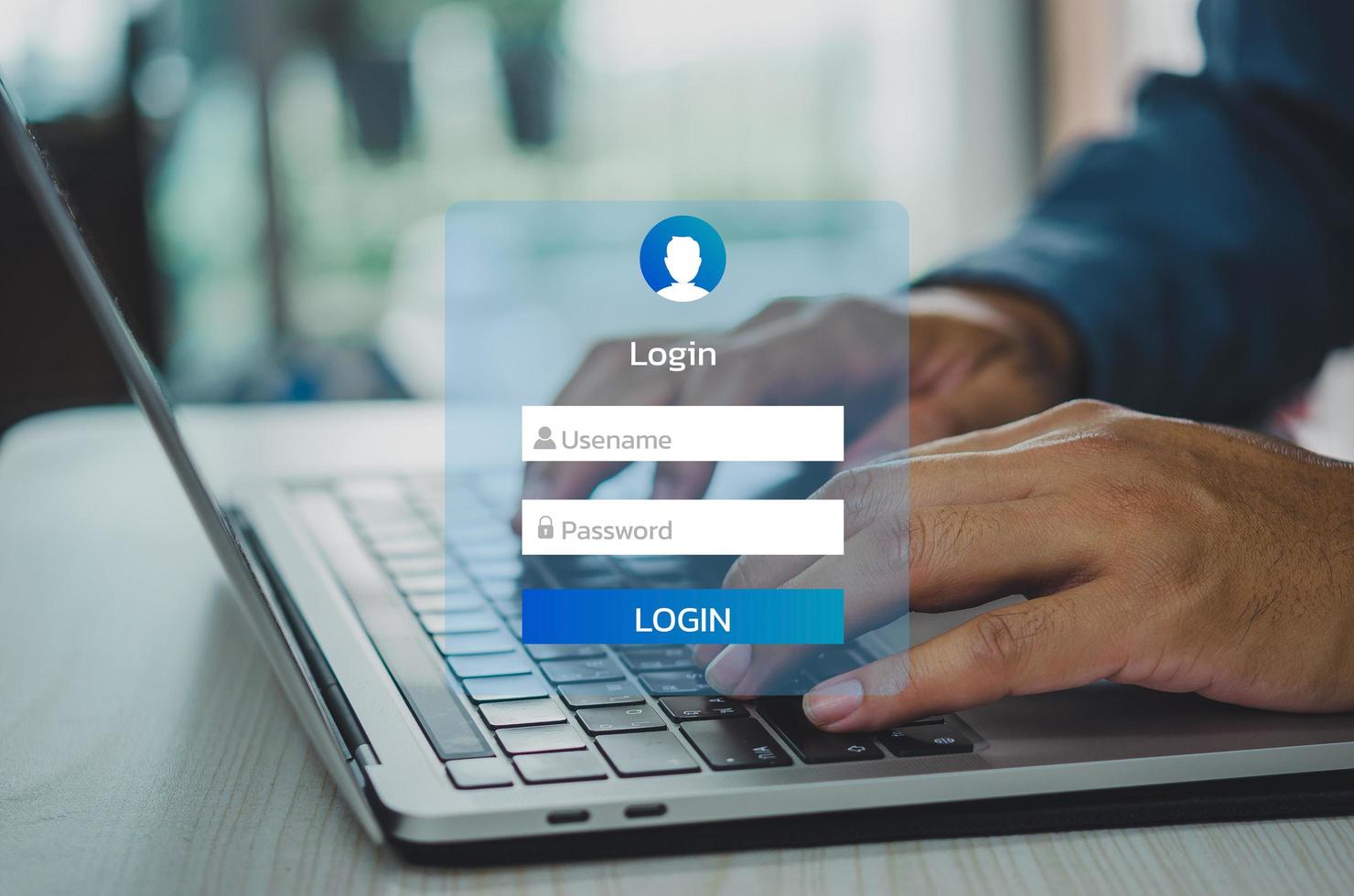 man using kyeboard computer laptop login interface on touch screen. user name and password inputs on virtual digital account online. photo