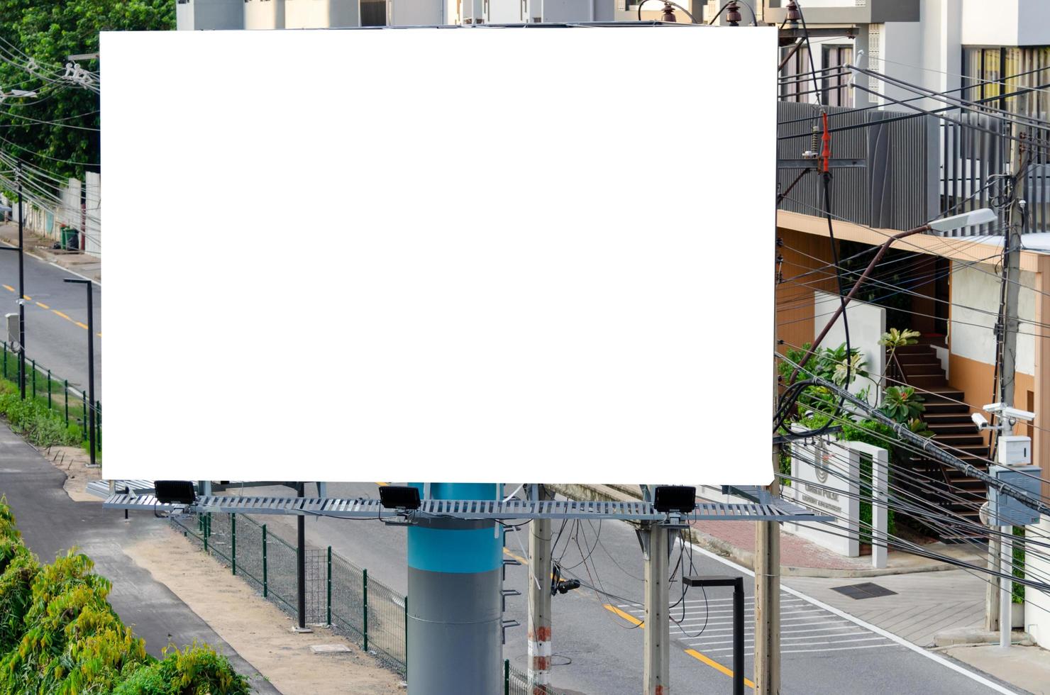 Billboard advertisement banner information marketing promotion display mock up white screen empty blank. photo