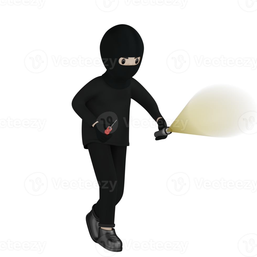 3D Isolated Robber in black costume and masked png