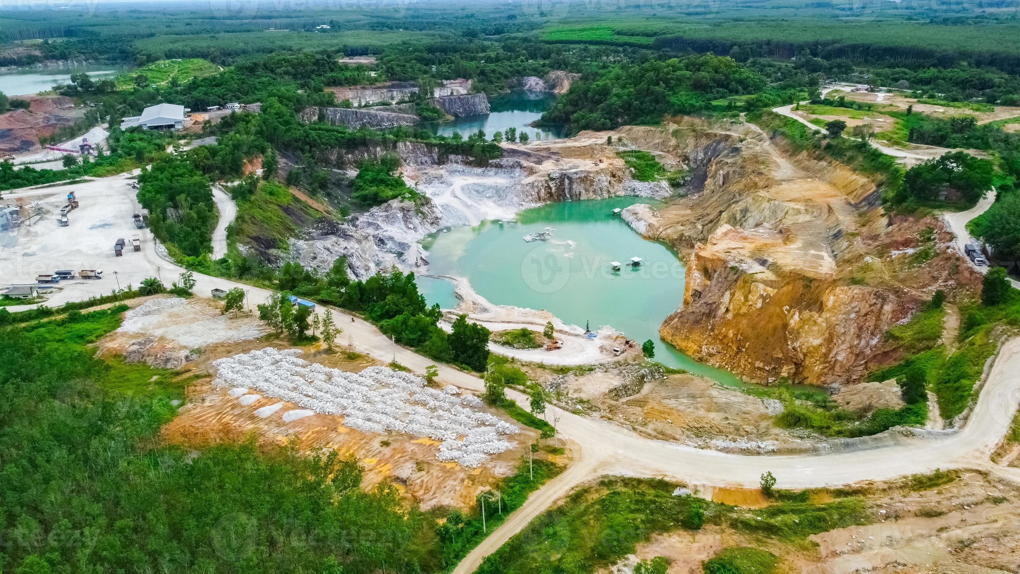 aerial photograph of a large pit of a gypsum mine. A large gypsum mine