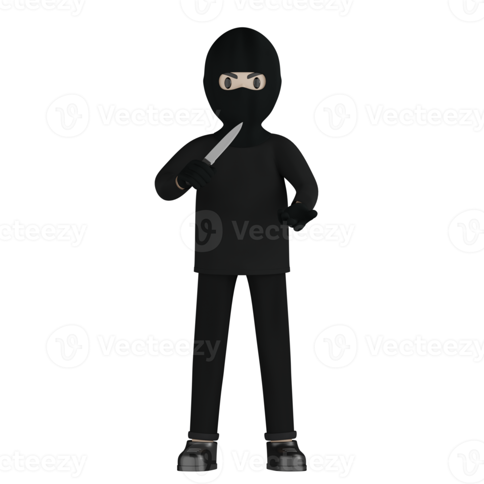 3D Isolated Robber in black costume and masked png