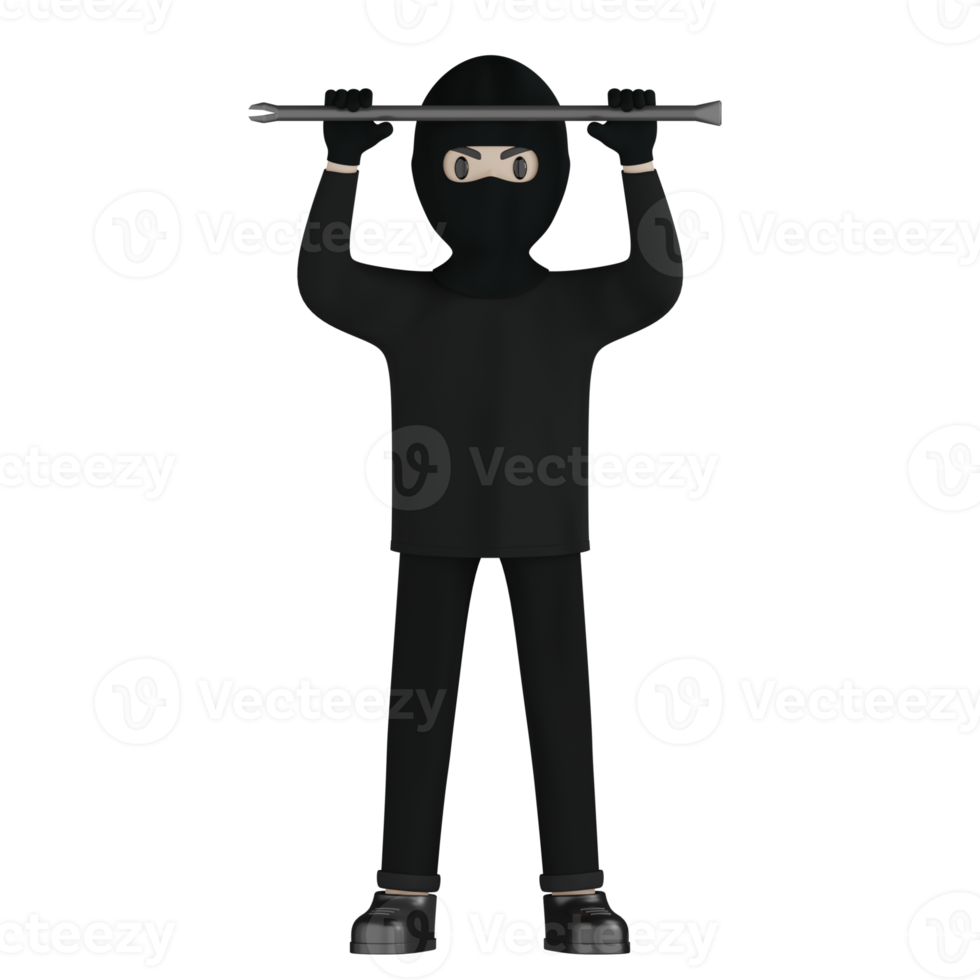 3D Isolated Robber in black costume and masked png