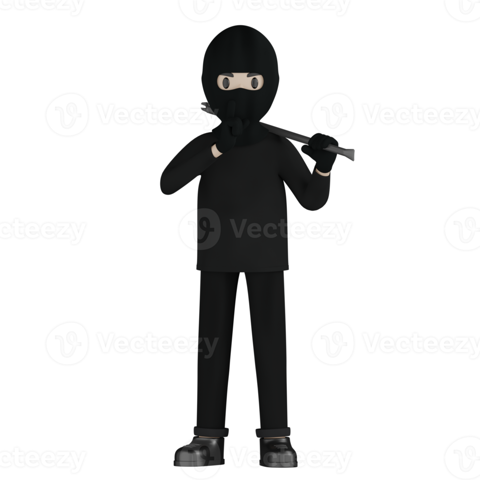 3D Isolated Robber in black costume and masked png