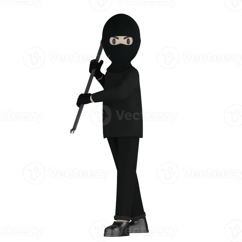 3D Isolated Robber in black costume and masked png