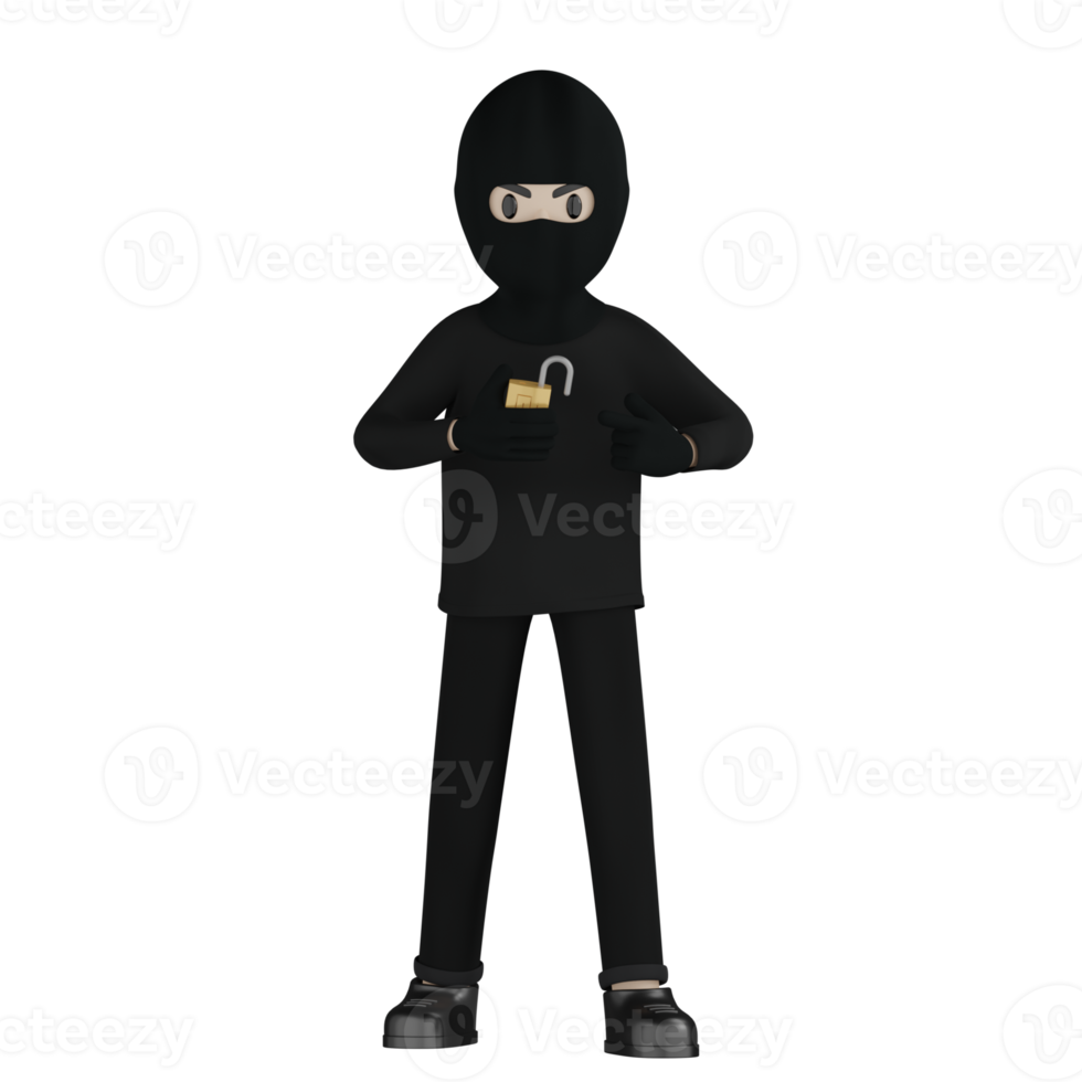 3D Isolated Robber in black costume and masked png