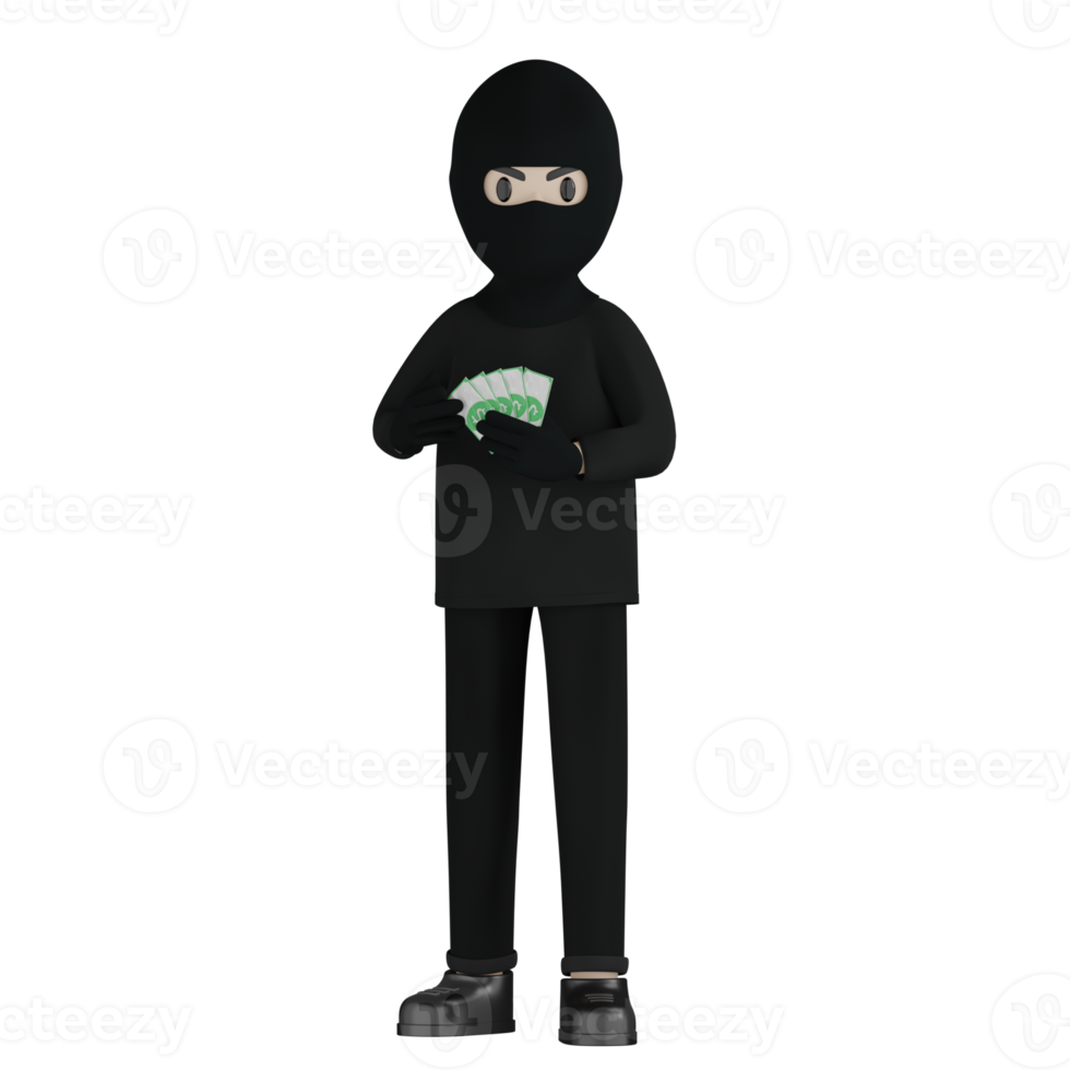 3D Isolated Robber in black costume and masked png