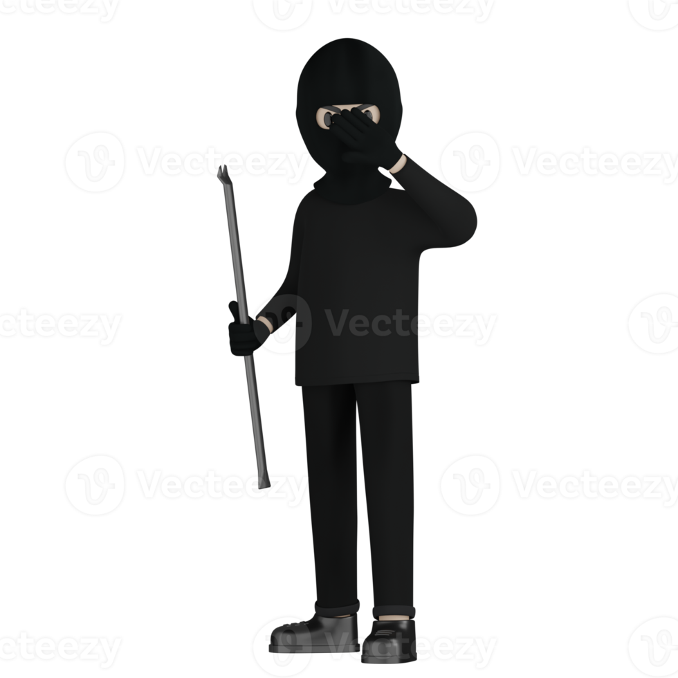 3D Isolated Robber Man in Black Costume Spying png