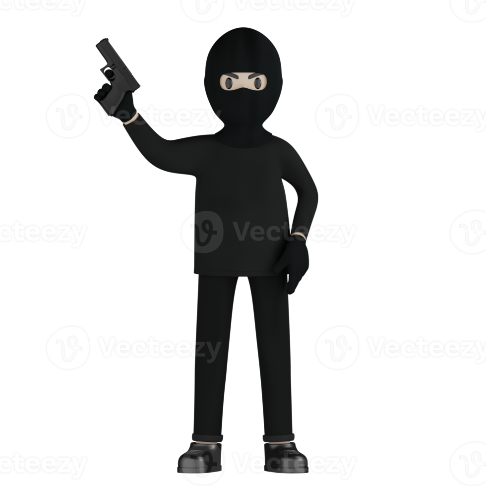 3D Isolated Robber in black costume and masked png