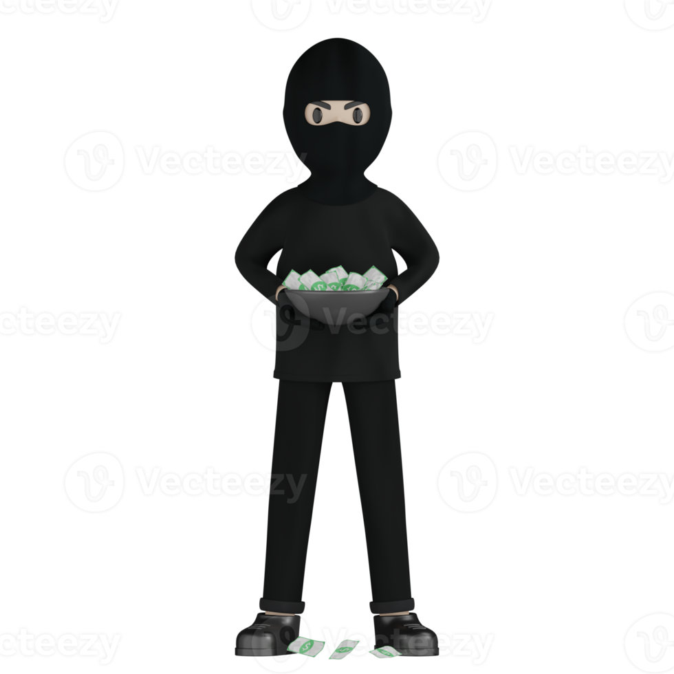 3D Isolated Robber in black costume and masked png