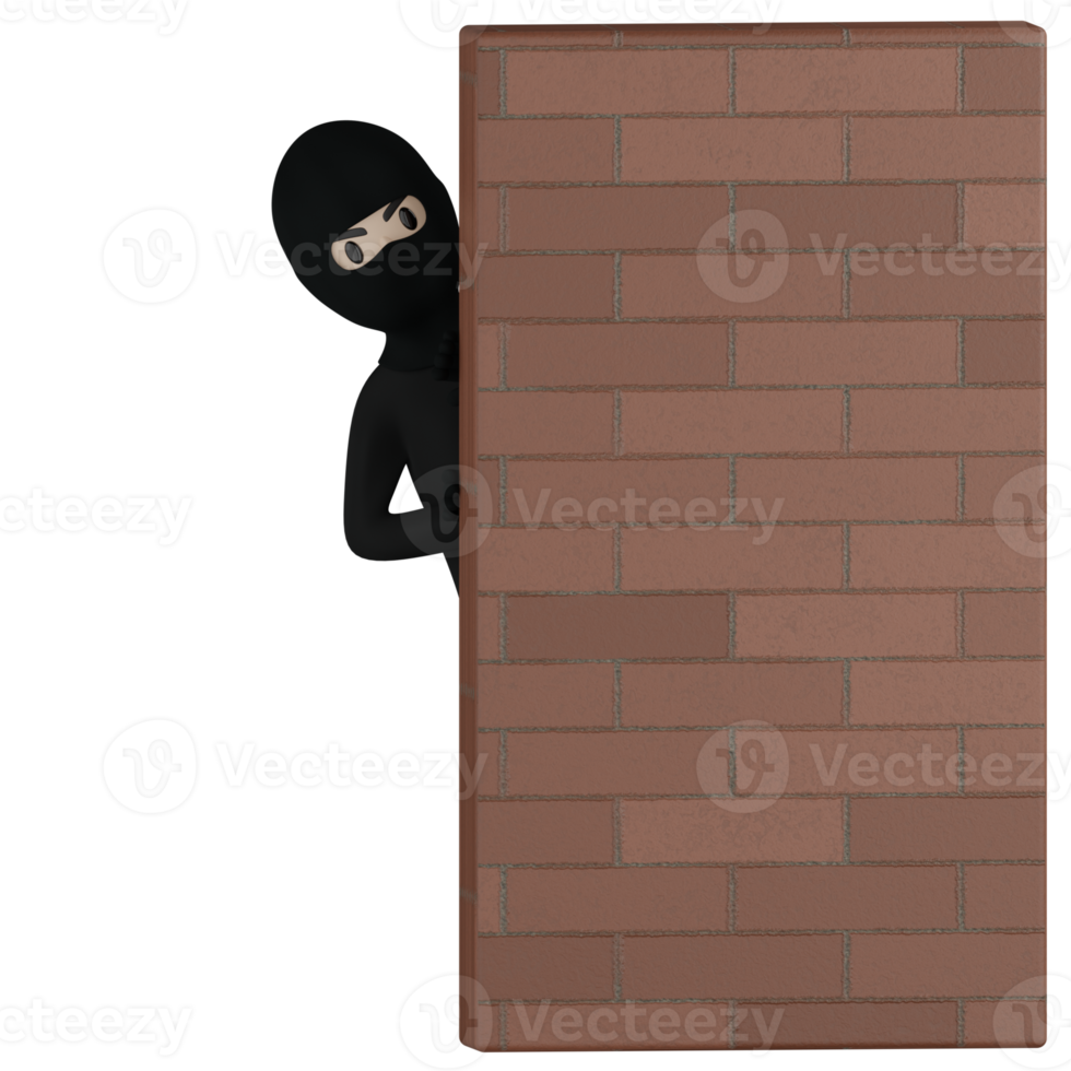 3d isolato rapinatore uomo che si nasconde dietro un muro di mattoni png