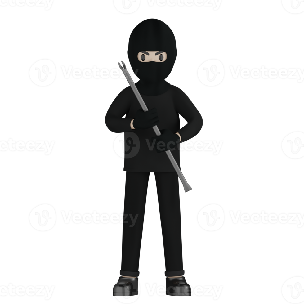 3D Isolated Robber Man in black costume and mask png