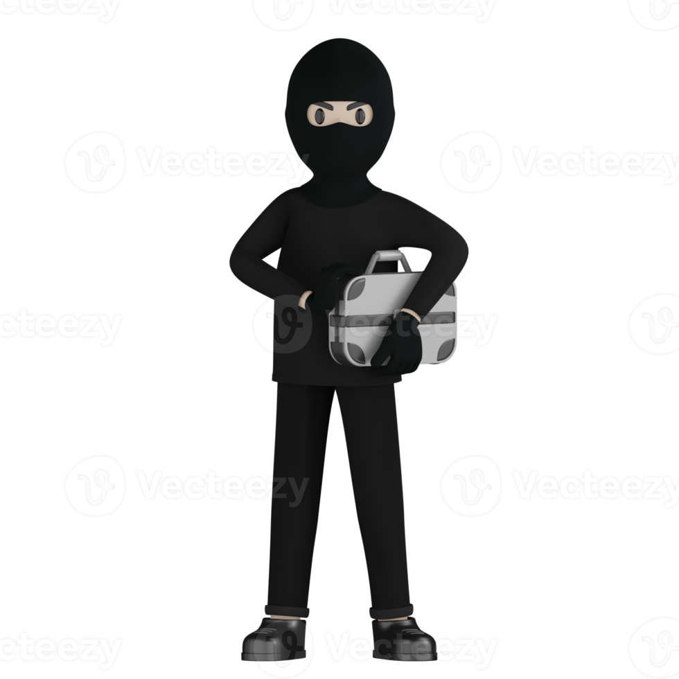 3D Isolated Robber in black costume and masked png