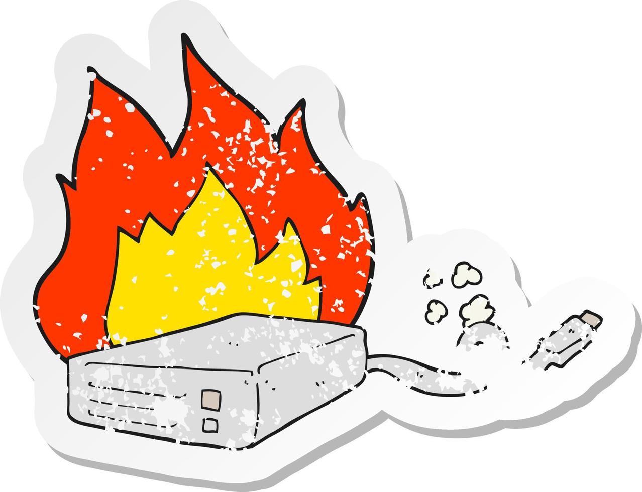 retro distressed sticker of a cartoon computer hard drive burning vector
