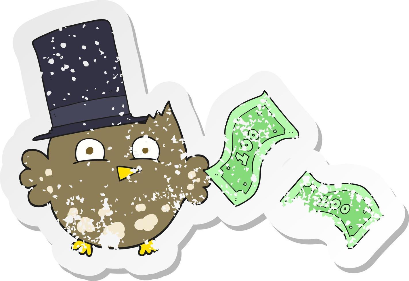 retro distressed sticker of a cartoon wealthy little owl with top hat vector