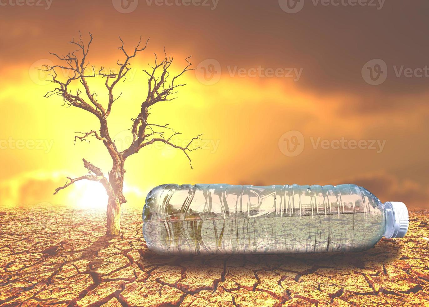 concept of water scarcity Drought due to global warming. Water bottles placed in drought and broken soil areas photo