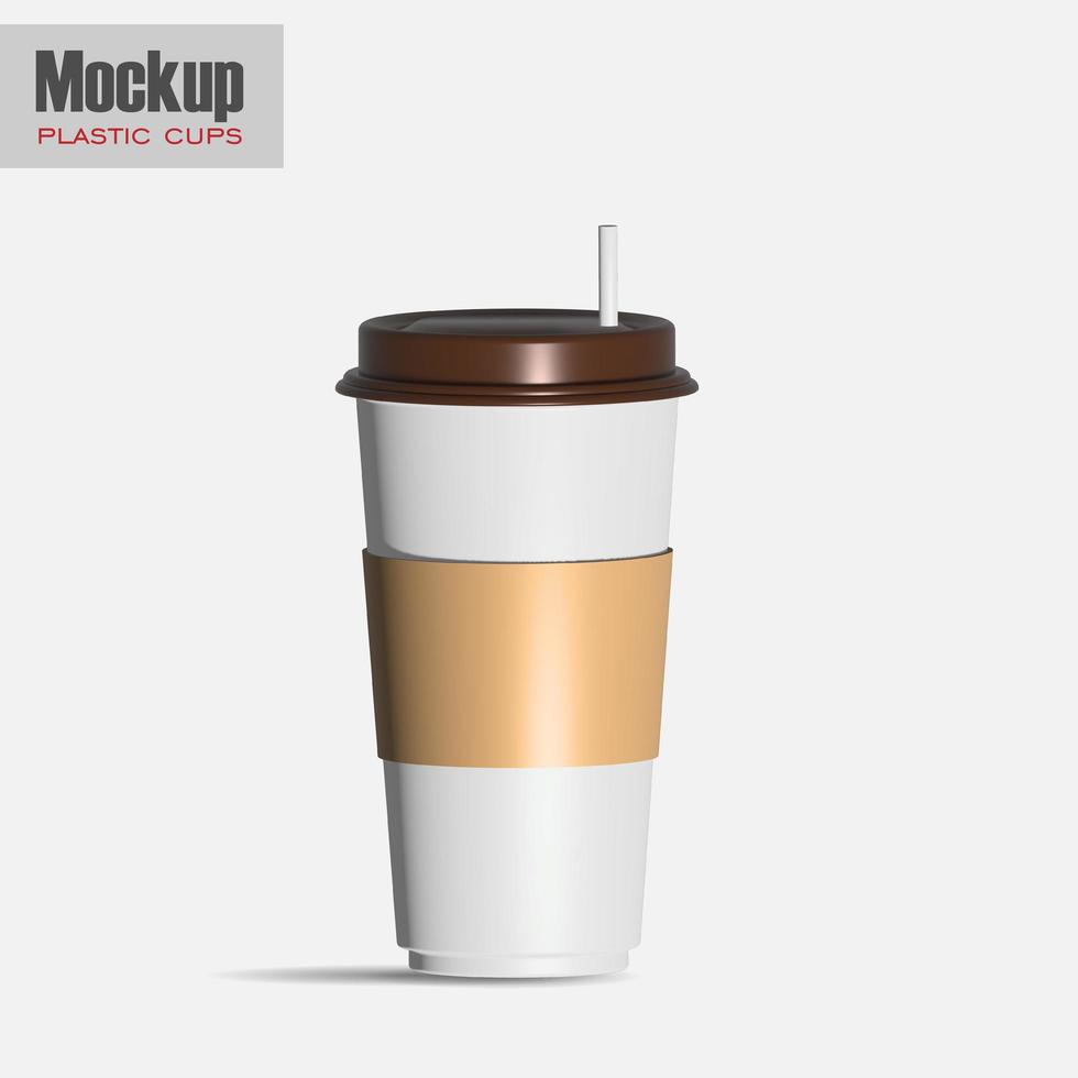 White plastic disposable cup with lid for cold beverage - soda, ice tea or coffee, cocktail, milkshake, juice. 450 ml. Realistic packaging mockup template. 3d illustration photo