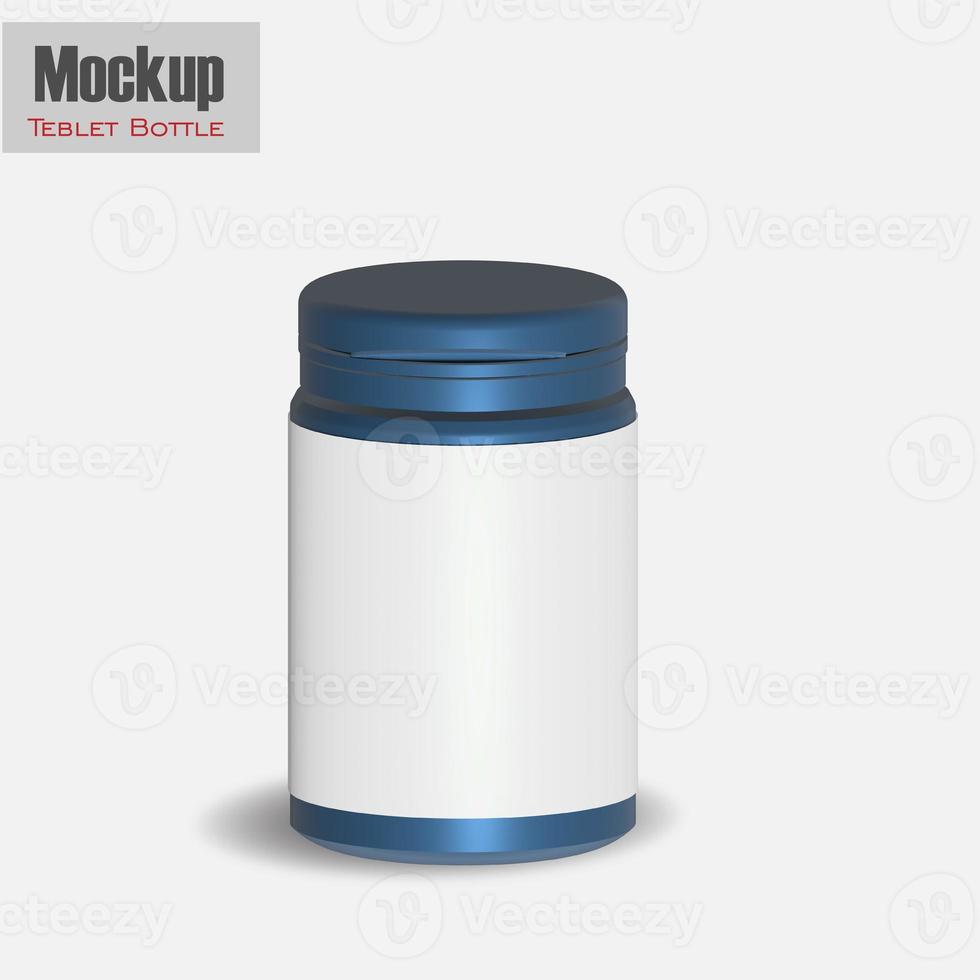 White matte plastic bottle with snap hinge push cap for pills pills packaging template realistic image mockup with sample design, front view, 3D illustration. photo