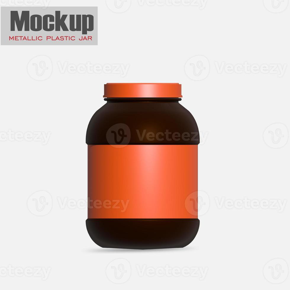 White metallic plastic jar with lid and label for protein, mass gainer, powder, pills. Photo-realistic packaging mockup template with sample design.  3d illustration. photo