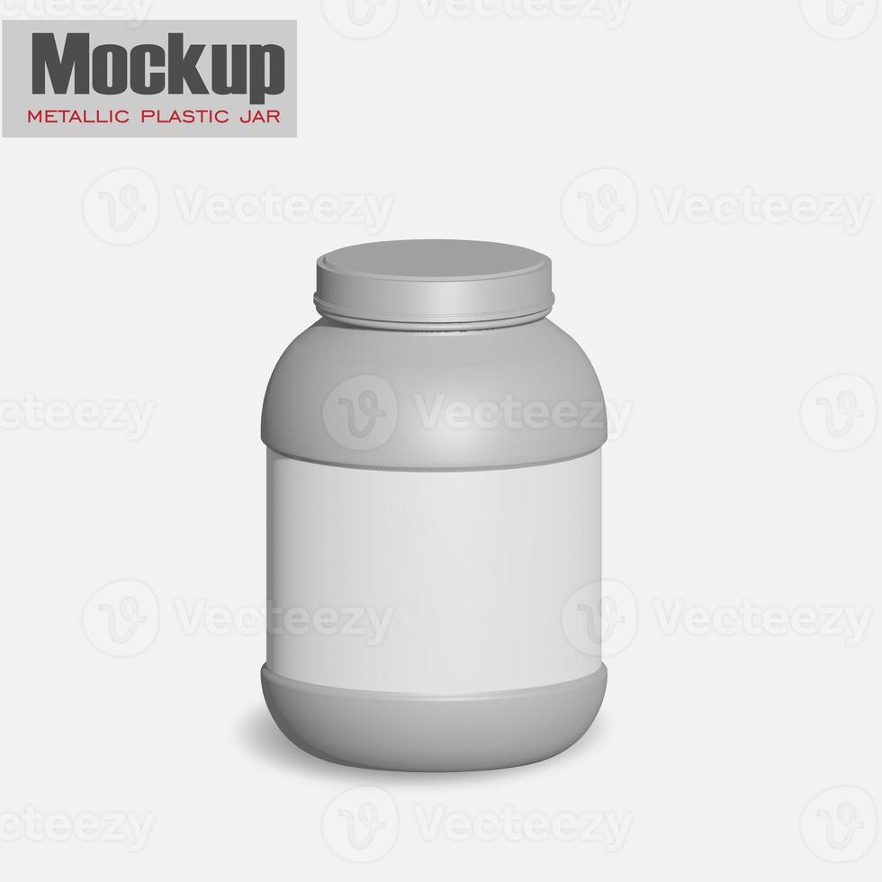 White metallic plastic jar with lid and label for protein, mass gainer, powder, pills. Photo-realistic packaging mockup template with sample design.  3d illustration. photo