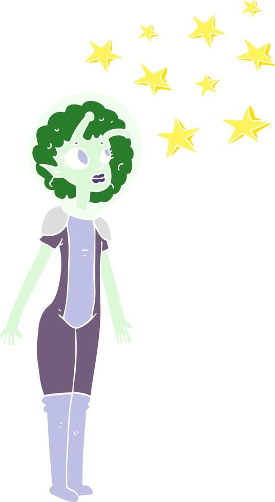 flat color illustration of a cartoon alien space girl vector