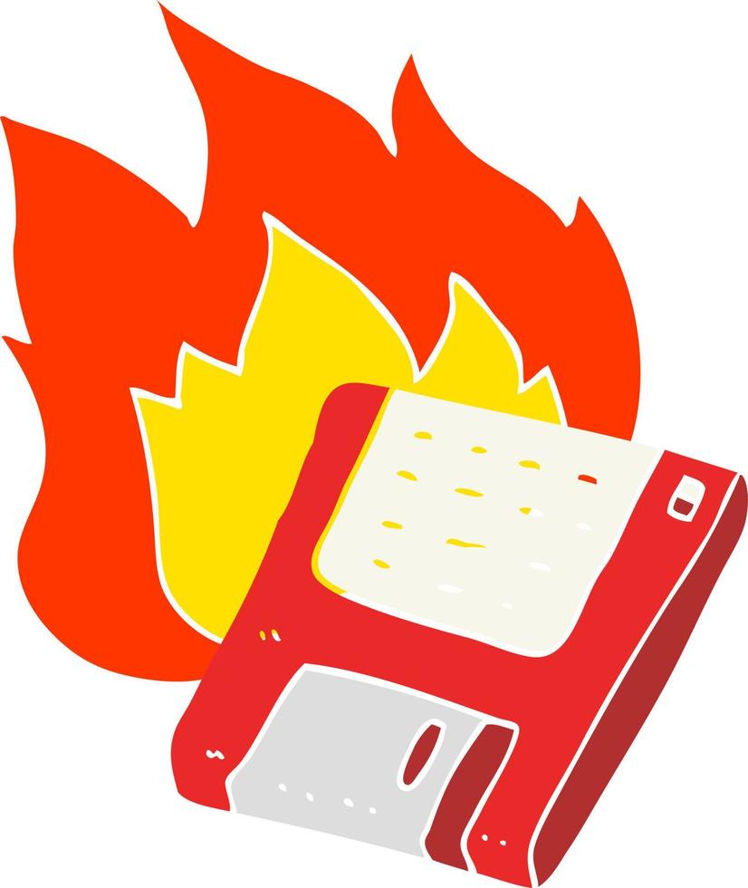 flat color illustration of a cartoon old computer disk burning vector