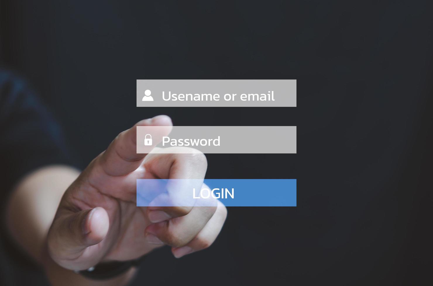 Businessman touching on virtual screen Password Usename or email login account online. photo