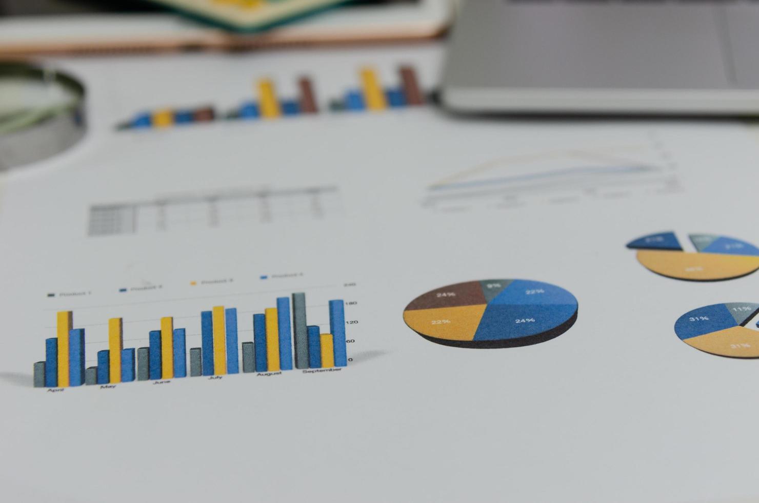 informe de gráfico de documento comercial información de gestión de análisis de estadísticas financieras y gráficas e investigación plan de inversión venta en el escritorio de la oficina. foto