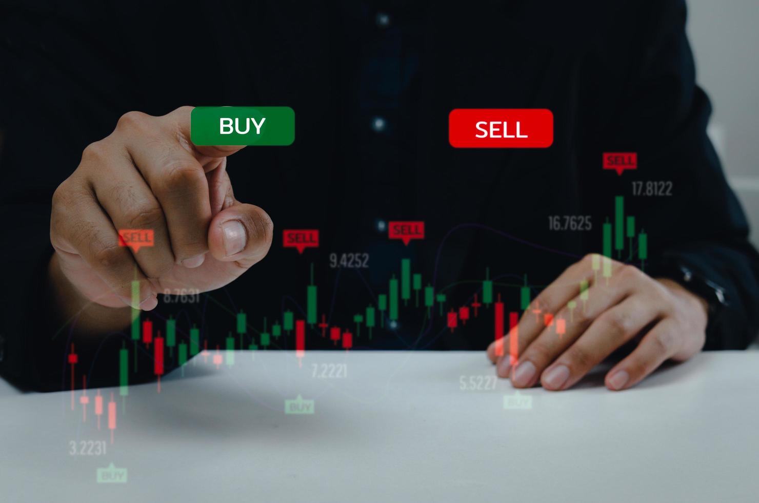 Finance graph with a businessman hand touching a button Stock market exchange future analysis investment forex virtual screen Business digital interface technology concept. photo