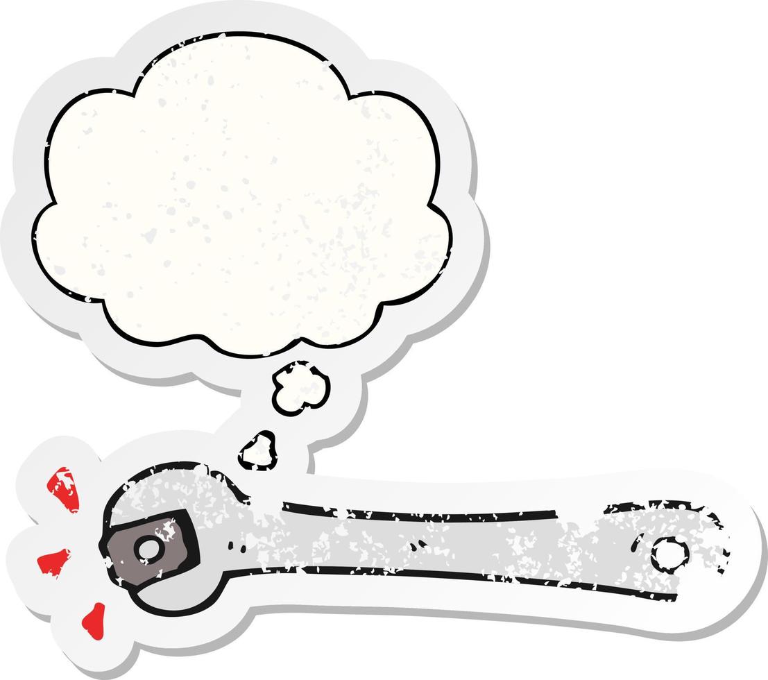 cartoon spanner turning nut and thought bubble as a distressed worn sticker vector