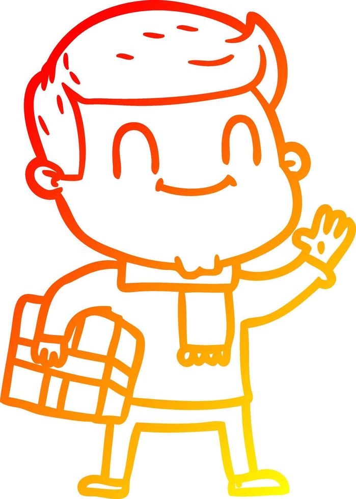 warm gradient line drawing cartoon friendly man with xmas gift vector