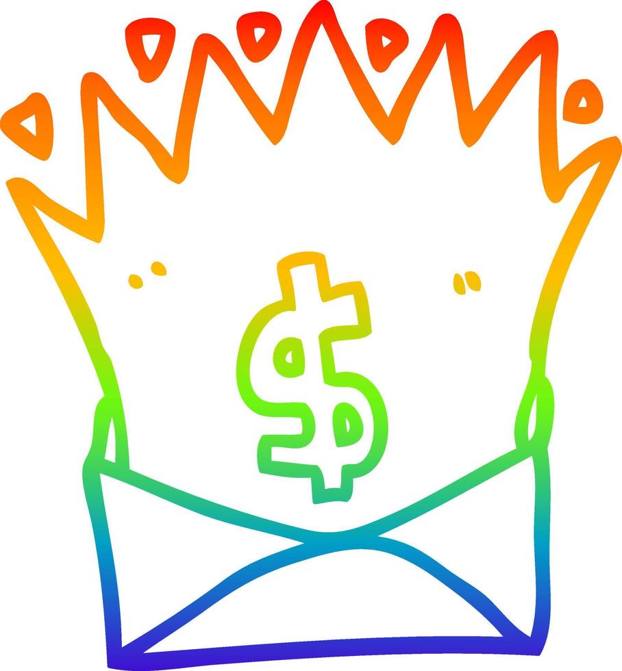 rainbow gradient line drawing cartoon envelope with money sign vector