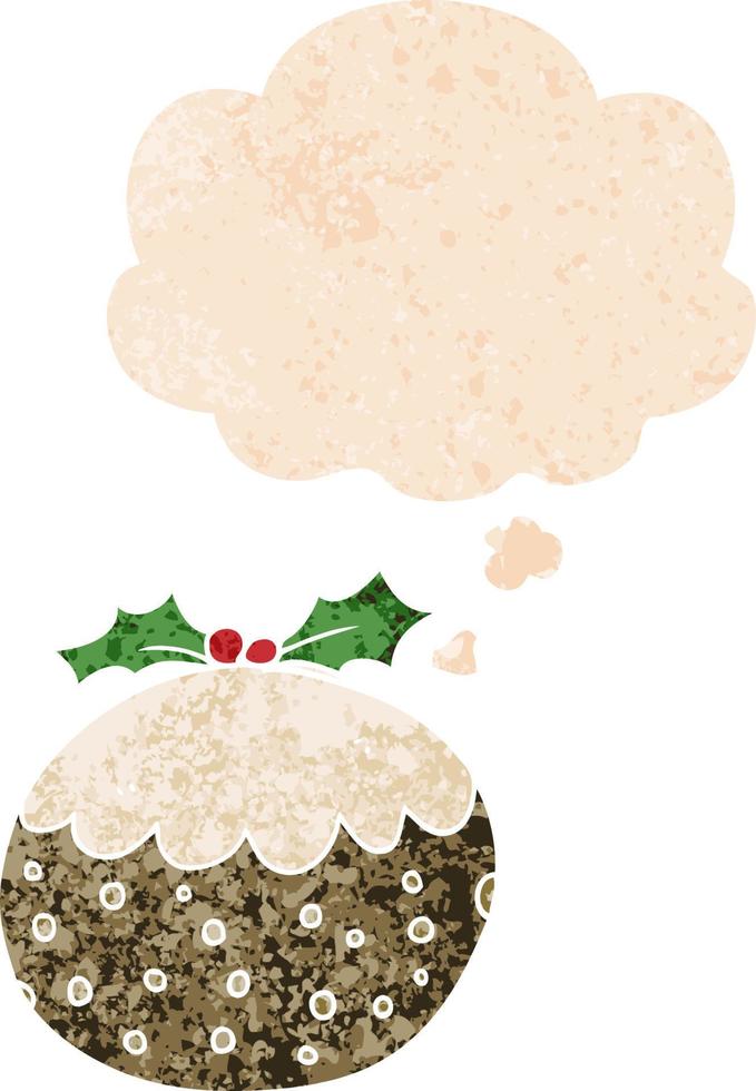 cartoon christmas pudding and thought bubble in retro textured style vector