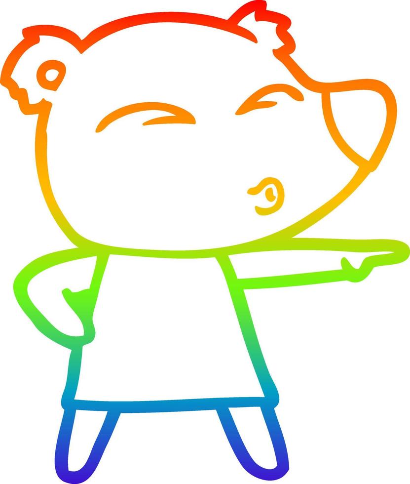 rainbow gradient line drawing cartoon whistling bear in dress vector