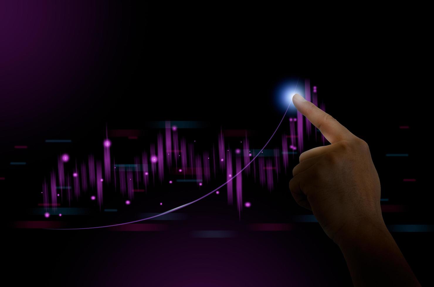 Man pointing with hand at graph of stock market financial exchange statistics and business chart of digital metaverse technology with growth economy concept. photo
