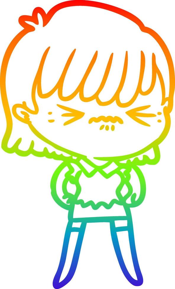 rainbow gradient line drawing annoyed cartoon girl vector