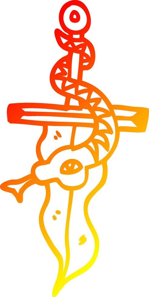 warm gradient line drawing cartoon dagger and snake tattoo vector