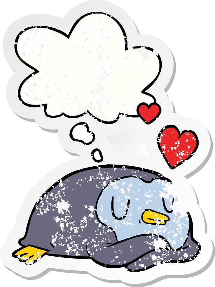 cartoon penguin in love and thought bubble as a distressed worn sticker vector