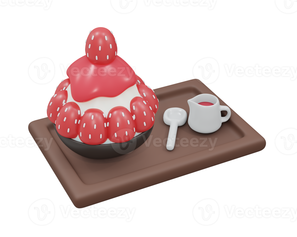 3D-Rendering von Strawberry Bingsu Shaved Ice Set auf Tablett isoliert auf weiß. 3D-Render-Cartoon-Stil. png