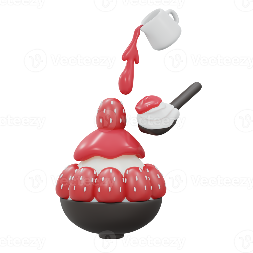 3D Rendering of strawberry bingsu shaved ice isolated on white. 3d render cartoon style. png
