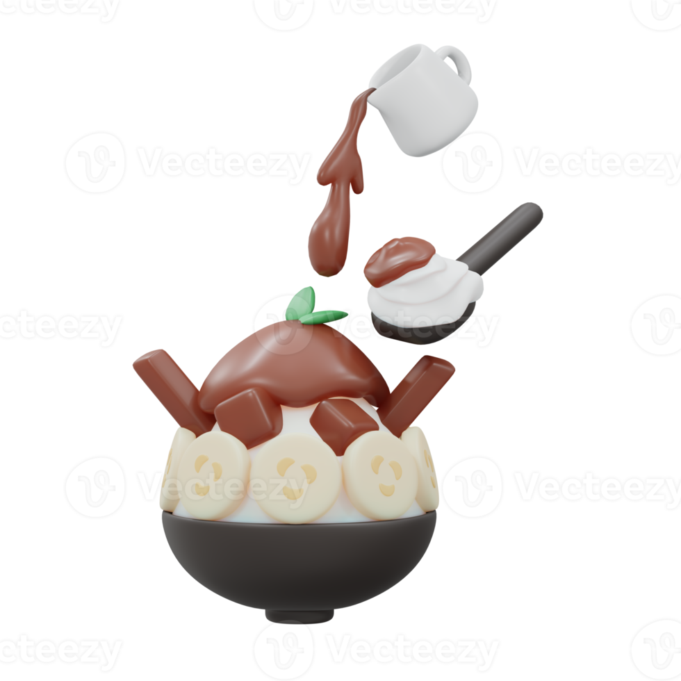 Representación 3d de hielo raspado bingsu de plátano de chocolate aislado en blanco. estilo de dibujos animados de procesamiento 3d. png