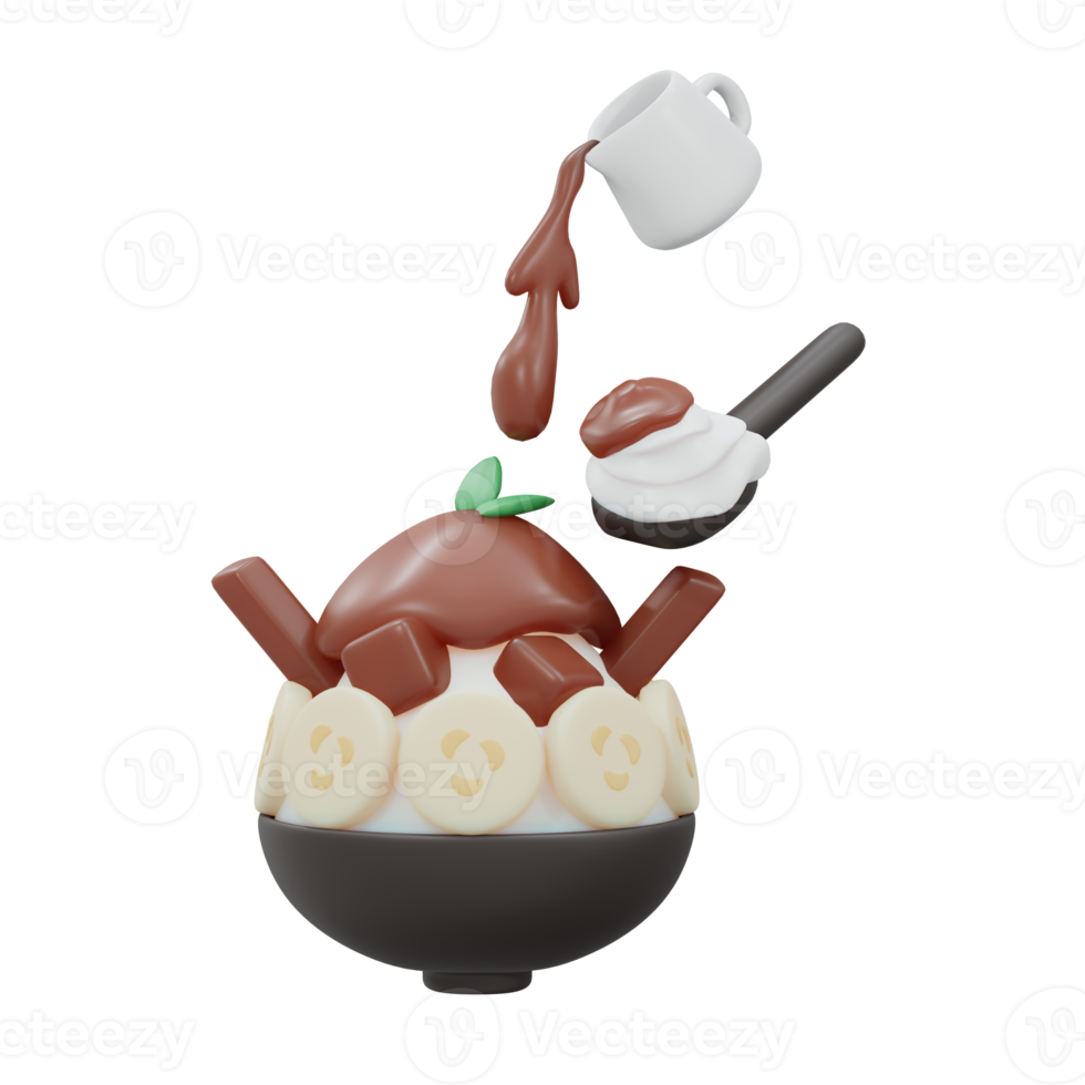 Rendu 3d de glace pilée bingsu banane chocolat isolée sur blanc. style de dessin animé de rendu 3d. png