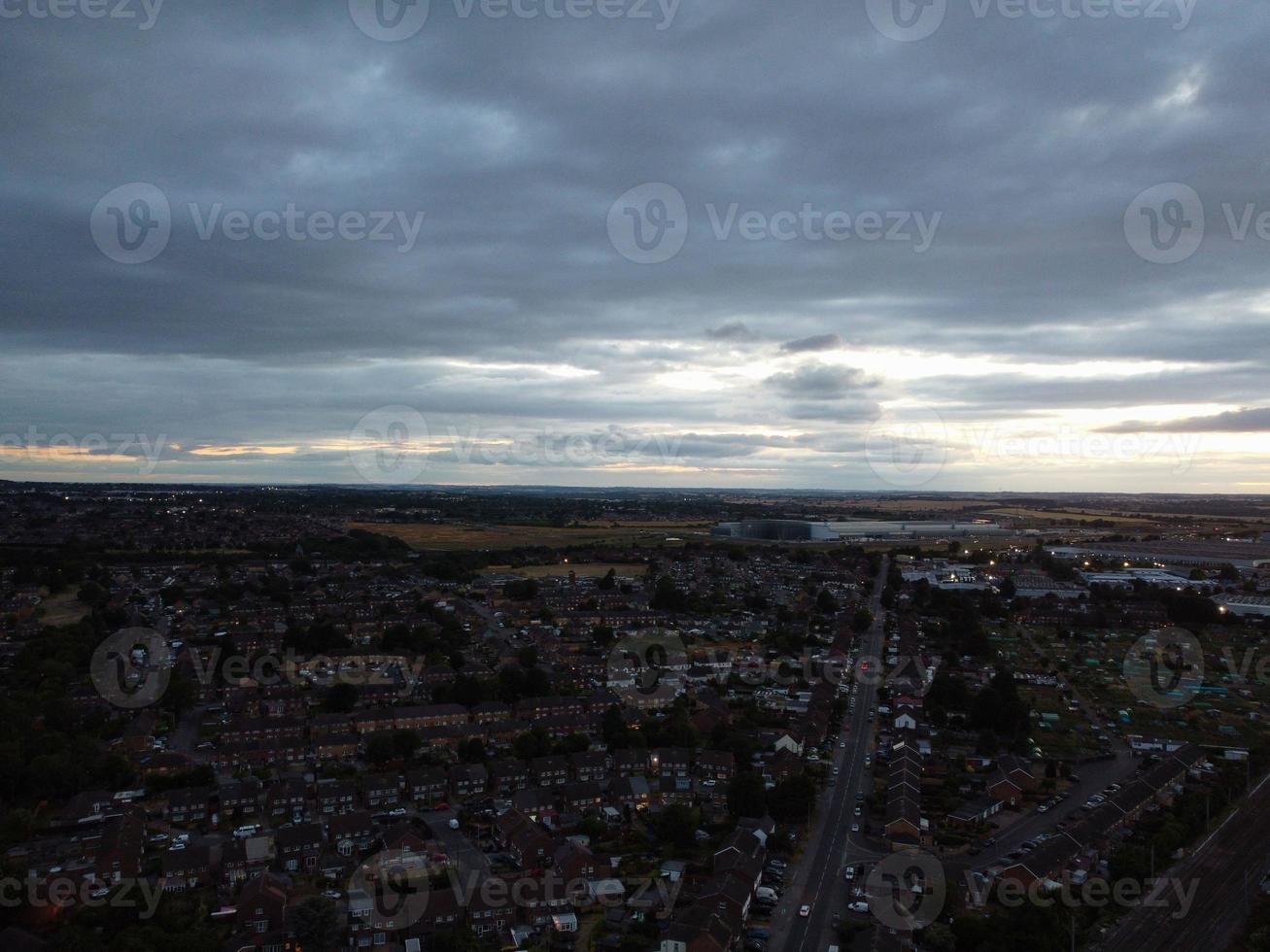 High angle aerial view of Luton City of England at Sunset Night. photo