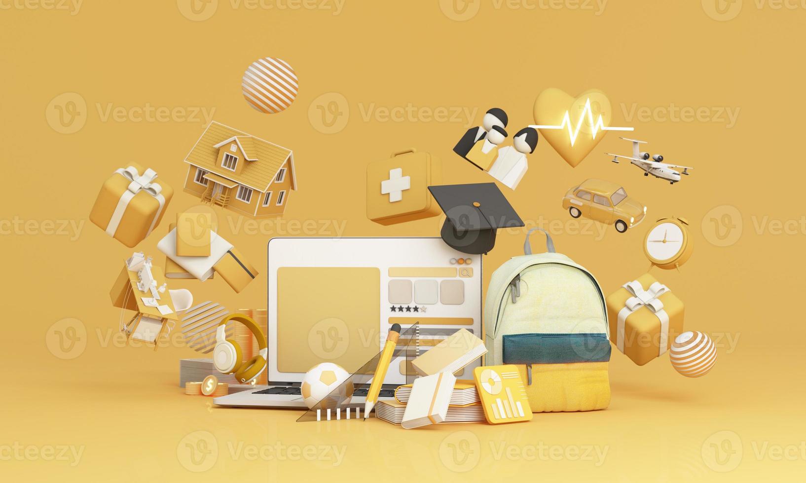 the school bag and degree cap with book on goals and achievements in life, home, car, family and health, in the concept of success and living through hard work. In cartoon illustration, -3d rendering photo