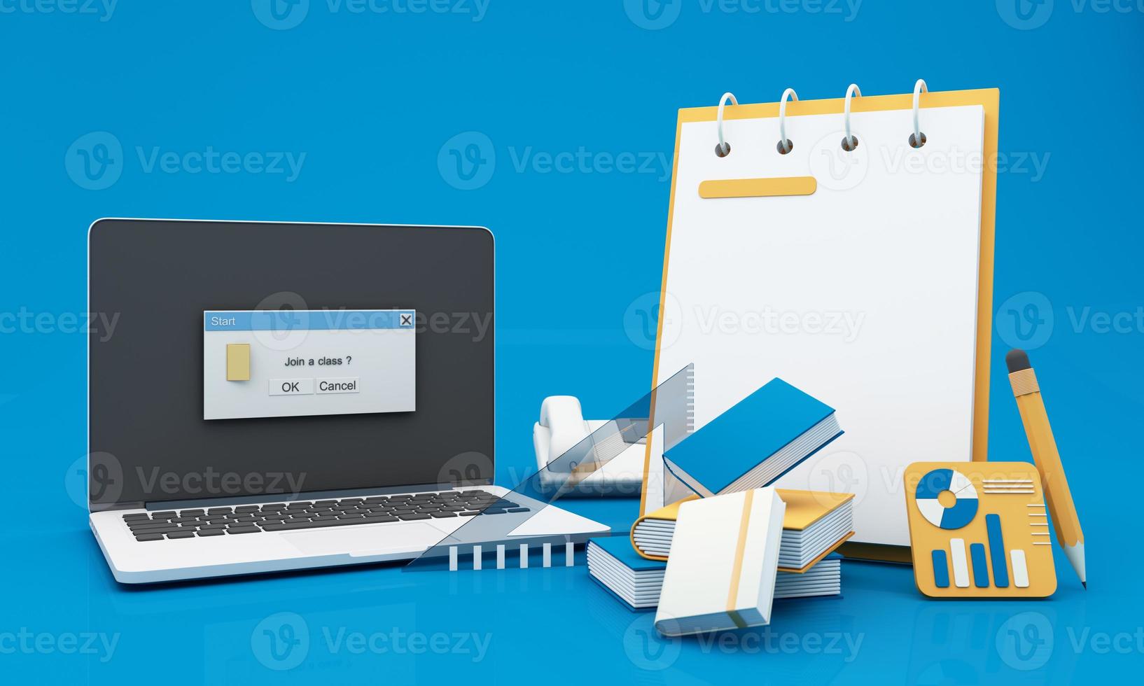 Back to school join to online learning with school supplies and equipment. laptop computer screen with phone and school accessories and textbooks on yellow and blue background. cartoon -3D Rendering photo