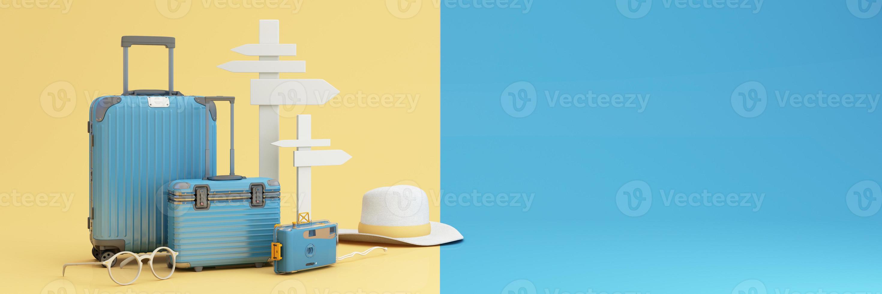 concepto de viaje y aventura y salida en verano, rodeado de equipaje, cámara, gafas de sol, sombrero con scooter y avión y mapa del mundo. tonos pastel en forma de banner web. dibujos animados -3d render foto