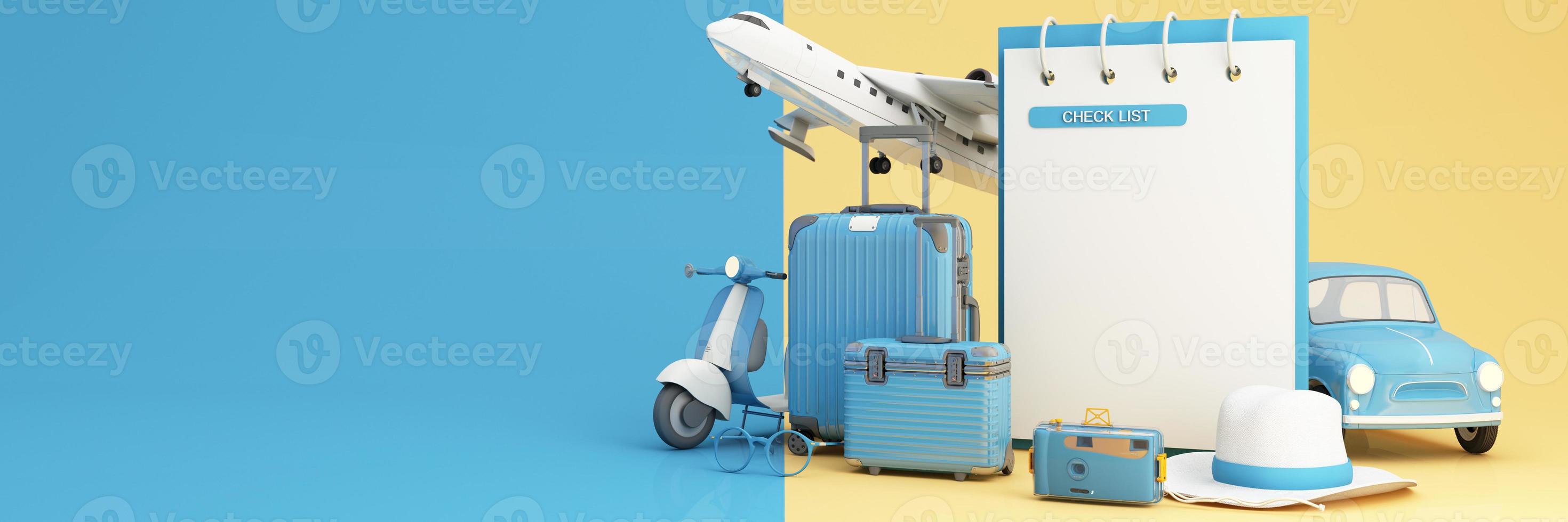 Travel and adventure and departure concept In summer, surrounded by luggage, camera, sunglasses, hat with scooter car and airplane and world map. pastel tones on web banner form. cartoon -3d render photo