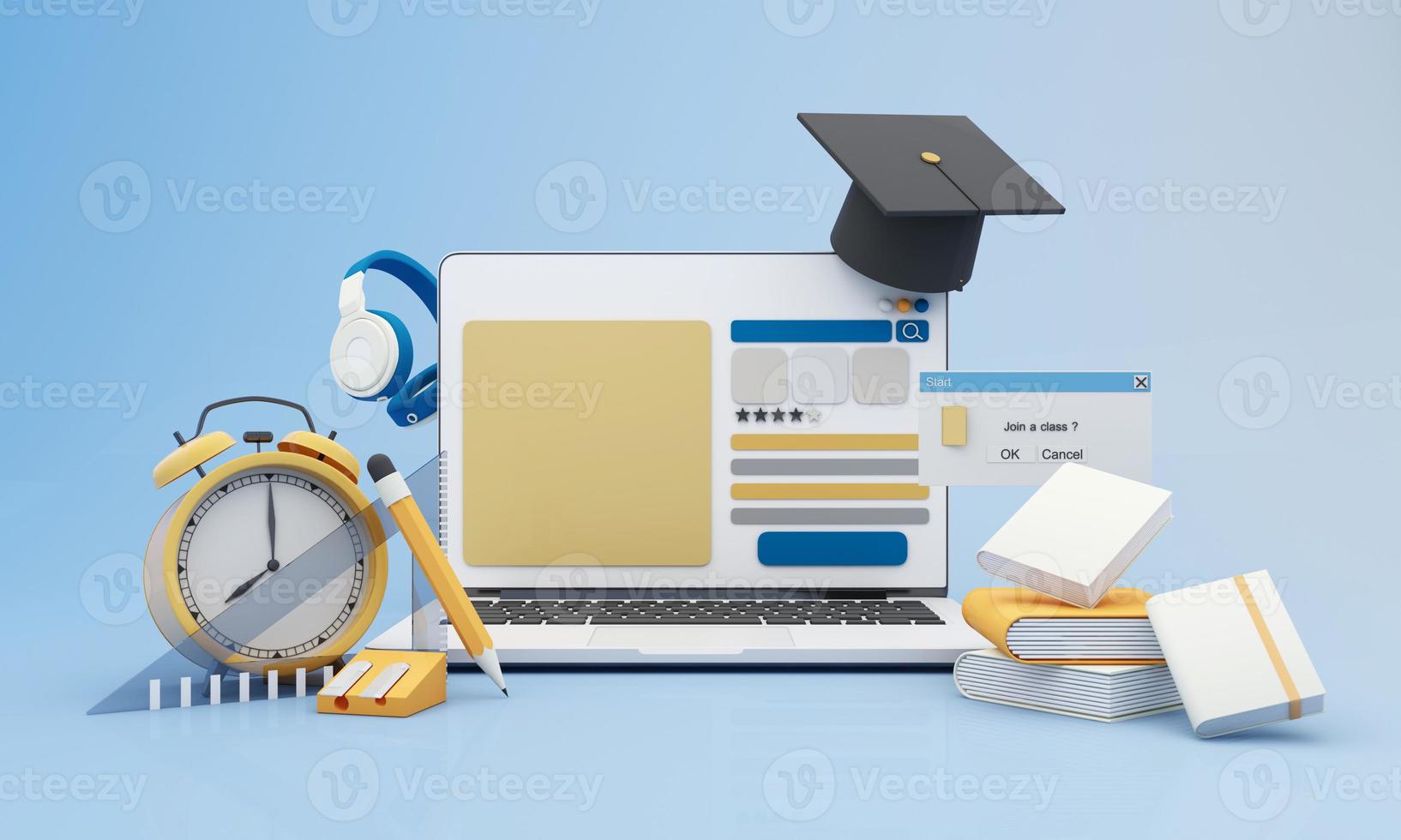 Back to school join to online learning with school supplies and equipment. laptop computer screen with phone and school accessories and textbooks on yellow and blue background. cartoon -3D Rendering photo
