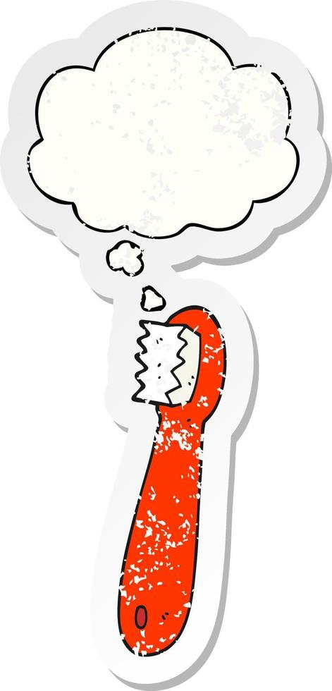 cartoon toothbrush and thought bubble as a distressed worn sticker vector