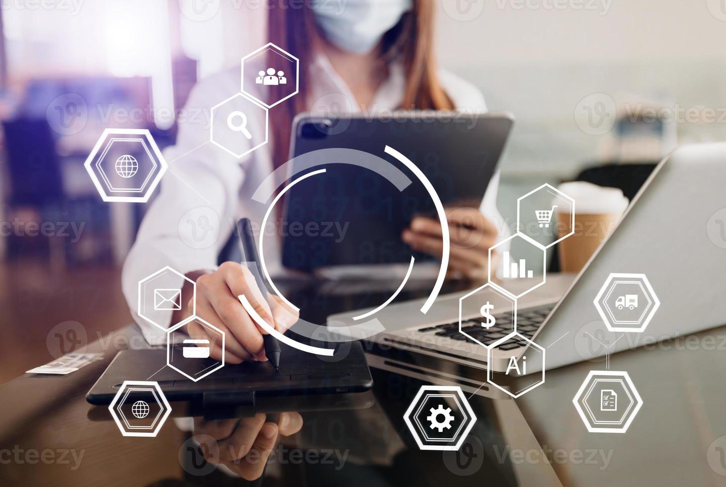 Businessman working with smart phone and laptop and digital tablet computer in office with digital marketing media in icon photo